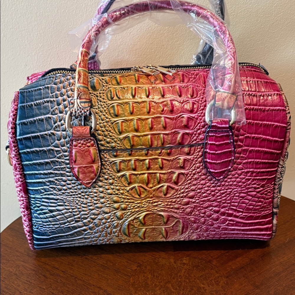 Croc Embossed Multicolor Satchel crossbody/ shoulder bag  Pink Gold Blue /goldto - Picture 8 of 17